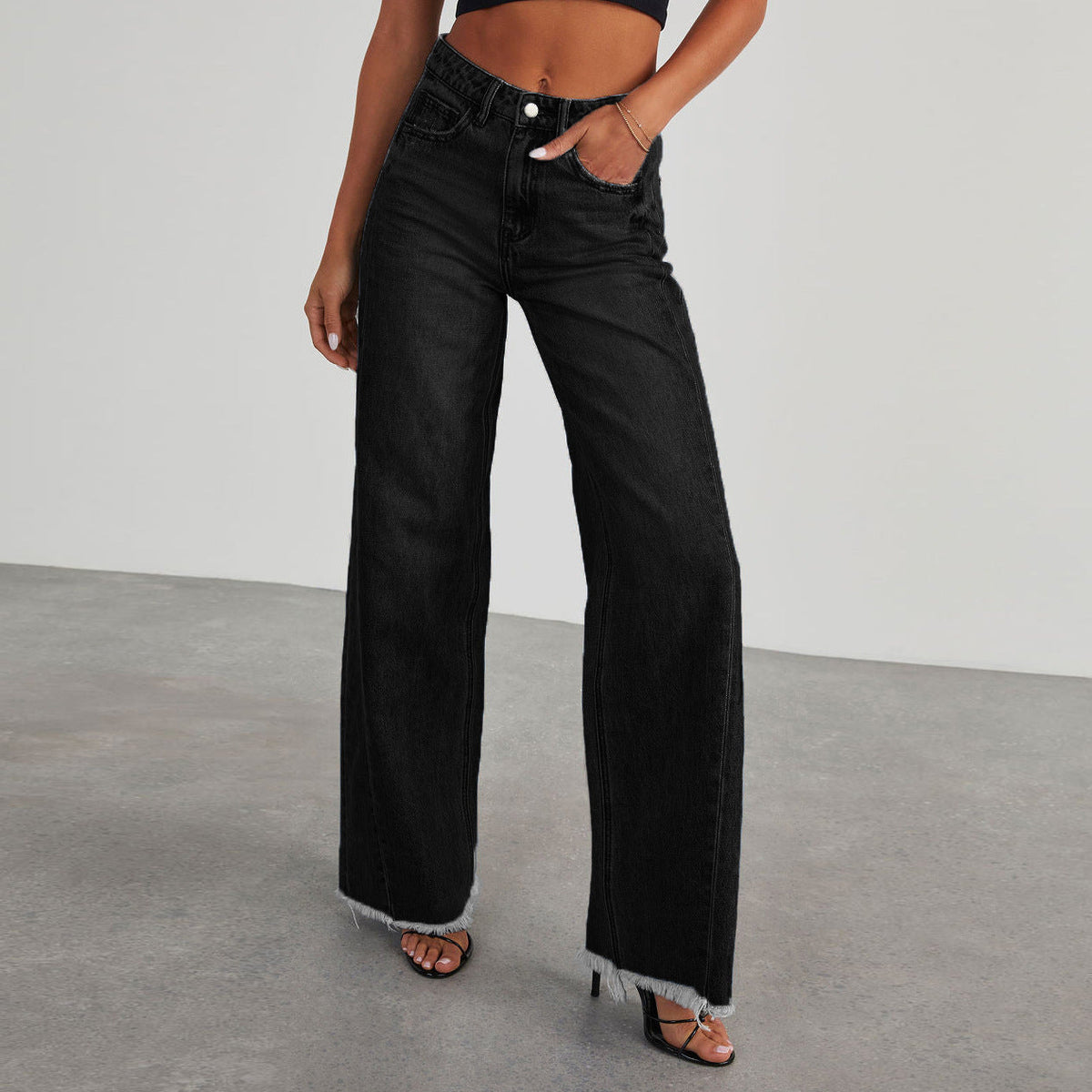 Damen-Jeans mit hoher Taille, weitem Bein und ausgefranstem Saum-Pants for Women-Alpenkind