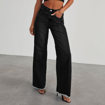 Damen-Jeans mit hoher Taille, weitem Bein und ausgefranstem Saum-Pants for Women-Alpenkind