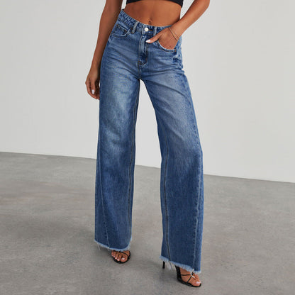 Damen-Jeans mit hoher Taille, weitem Bein und ausgefranstem Saum-Pants for Women-Alpenkind