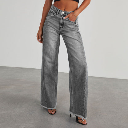 Damen-Jeans mit hoher Taille, weitem Bein und ausgefranstem Saum-Pants for Women-Alpenkind