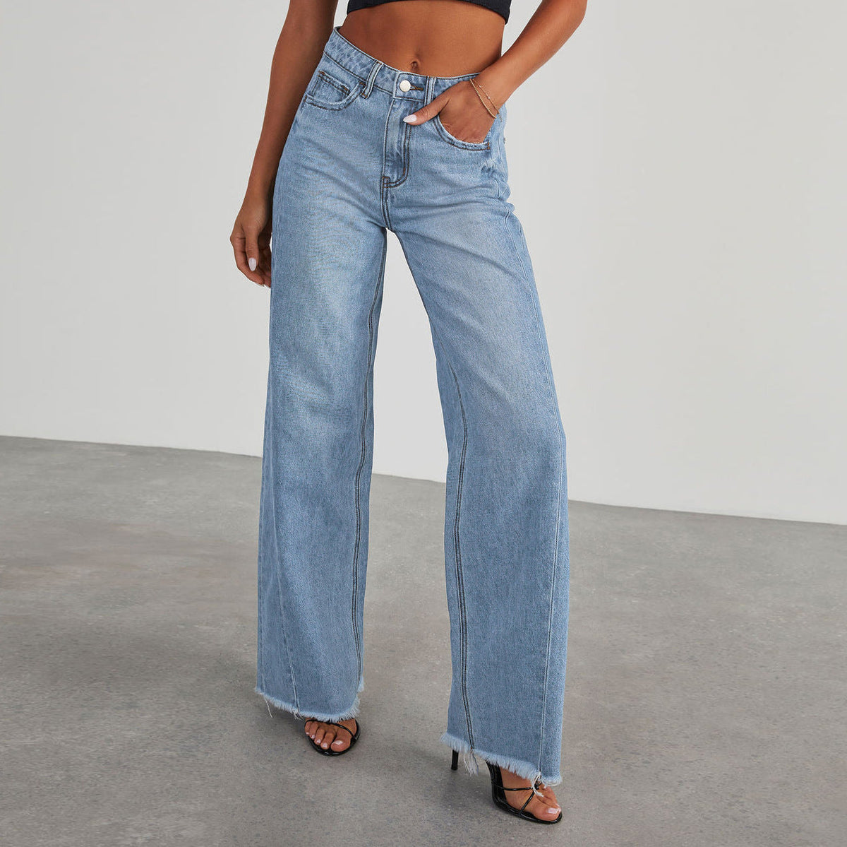 Damen-Jeans mit hoher Taille, weitem Bein und ausgefranstem Saum-Pants for Women-Alpenkind