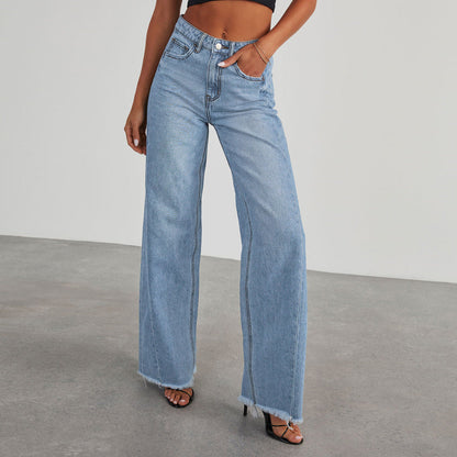 Damen-Jeans mit hoher Taille, weitem Bein und ausgefranstem Saum-Pants for Women-Alpenkind