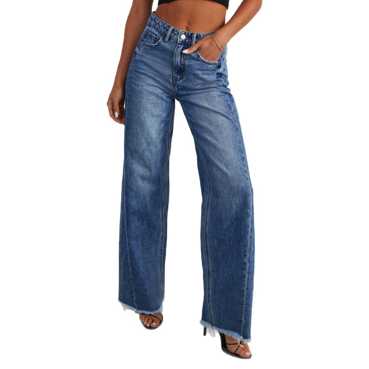 Damen-Jeans mit hoher Taille, weitem Bein und ausgefranstem Saum-Pants for Women-Alpenkind