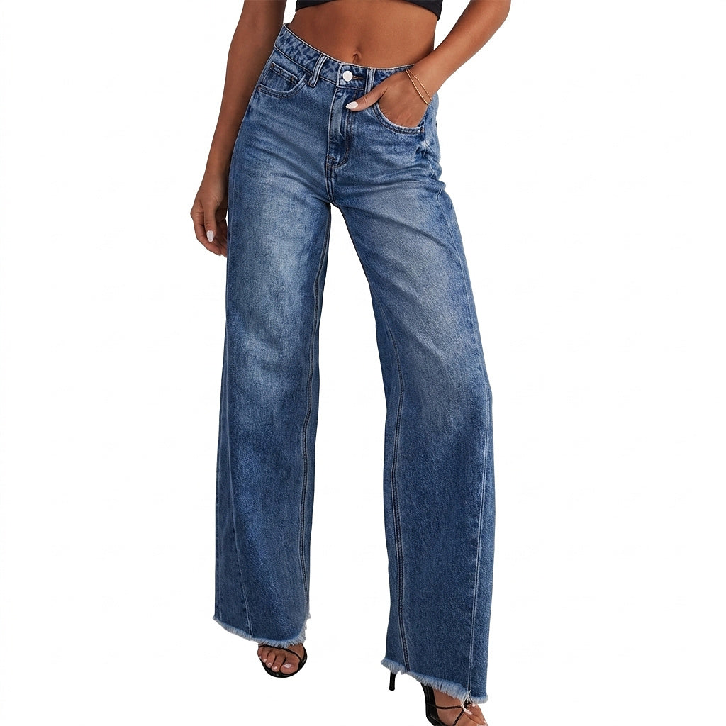 Damen-Jeans mit hoher Taille, weitem Bein und ausgefranstem Saum-Pants for Women-Alpenkind
