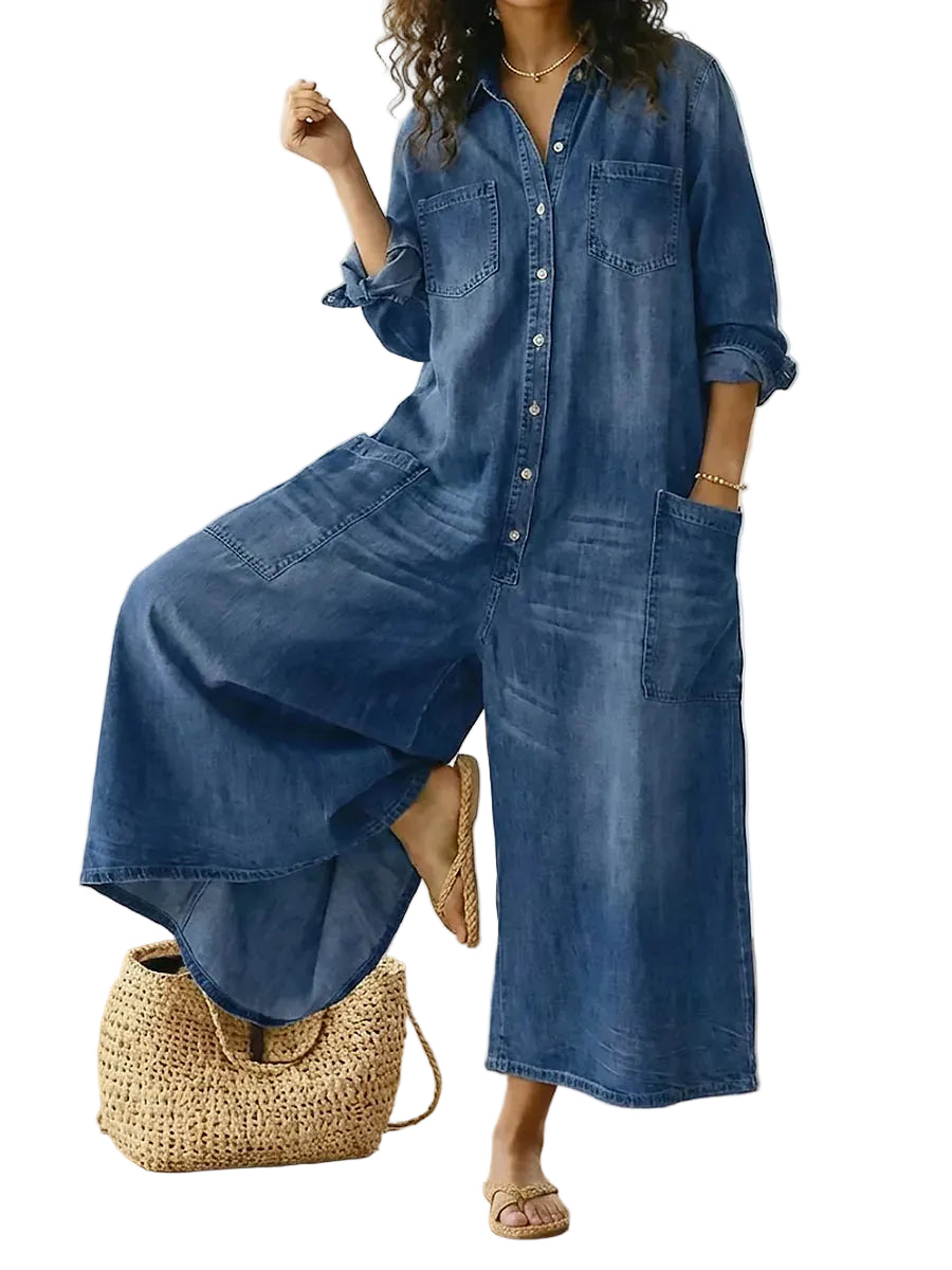 Damen Jeans Overall mit weitem Bein und Knopfleiste-Women Set-Alpenkind