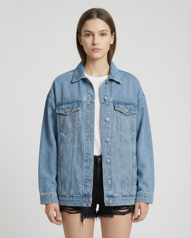 Damen Jeansjacke mit Knopfleiste und Pattentaschen im oberen Bereich