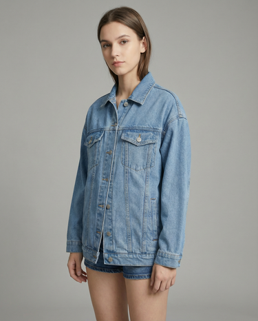 Damen Jeansjacke mit Knopfleiste und Pattentaschen im oberen Bereich