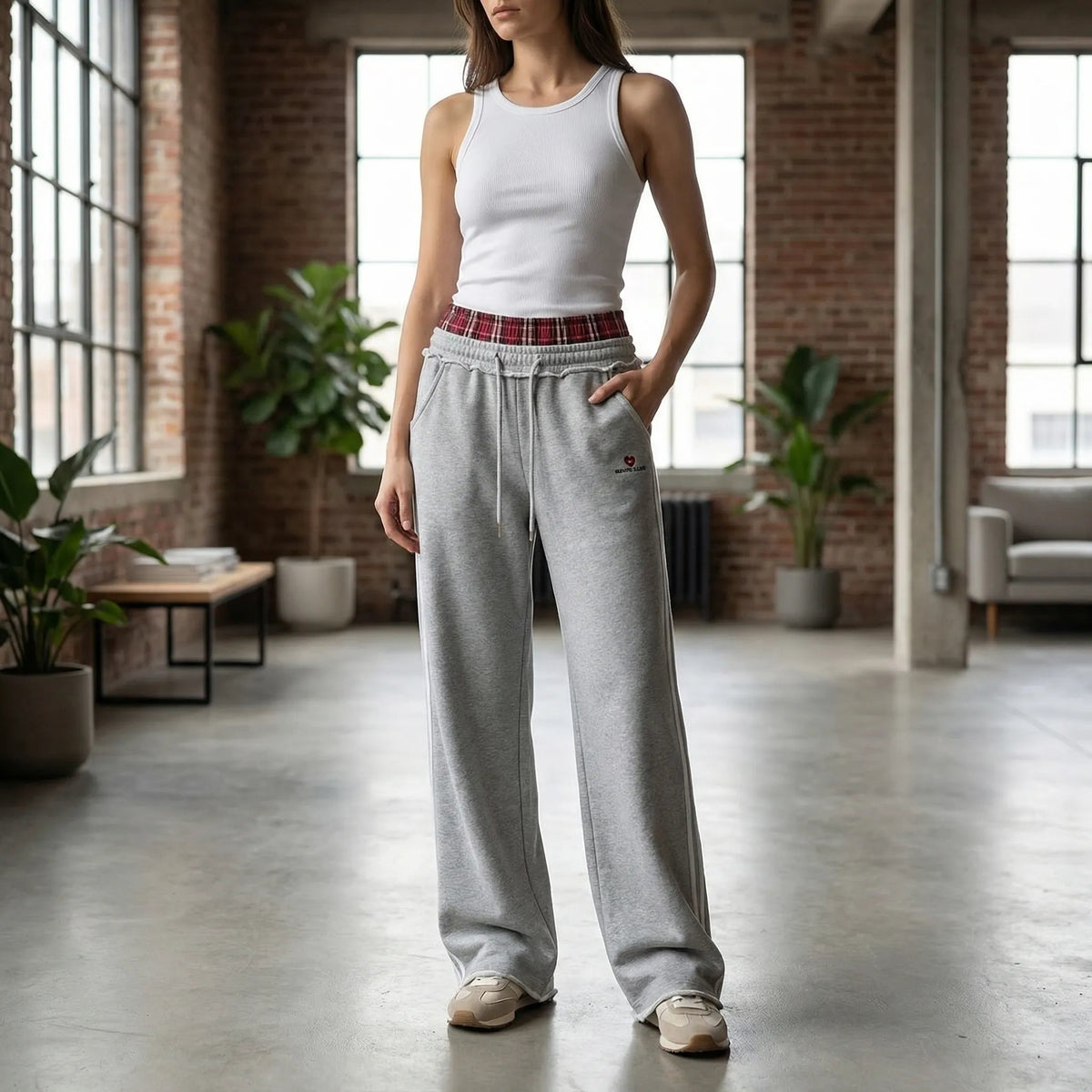 Damen-Jogginghose mit weitem Bein und kariertem Bund-Pants for Women-Alpenkind
