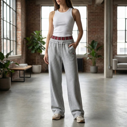 Damen-Jogginghose mit weitem Bein und kariertem Bund-Pants for Women-Alpenkind