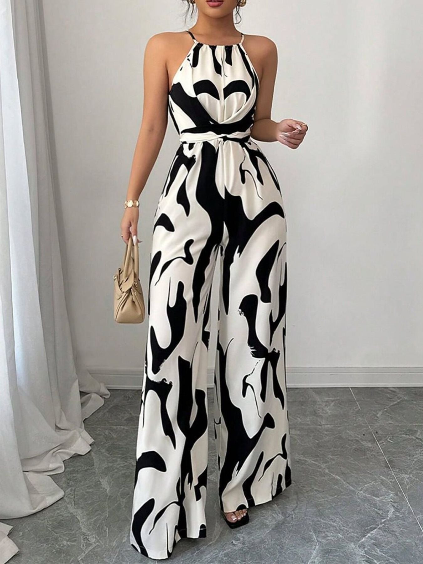 Damen-Jumpsuit mit abstraktem Print, Neckholder und weitem Bein-Jumpsuits for women-Alpenkind