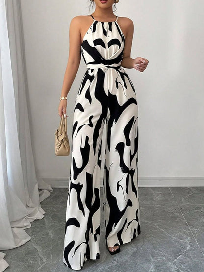 Damen-Jumpsuit mit abstraktem Print, Neckholder und weitem Bein-Jumpsuits for women-Alpenkind