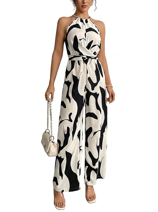 Damen-Jumpsuit mit abstraktem Print, Neckholder und weitem Bein-Jumpsuits for women-Alpenkind