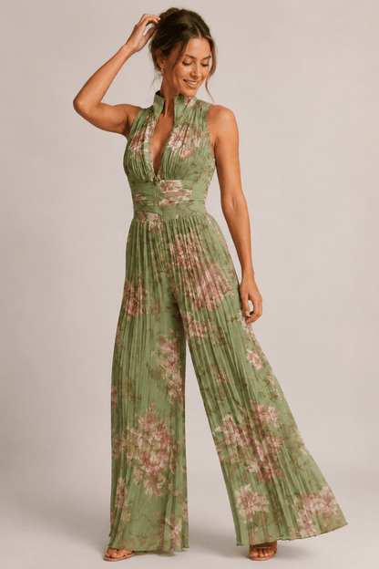 Damen-Jumpsuit mit Blumenmuster, Plissee und weitem Bein-Jumpsuits for women-Alpenkind