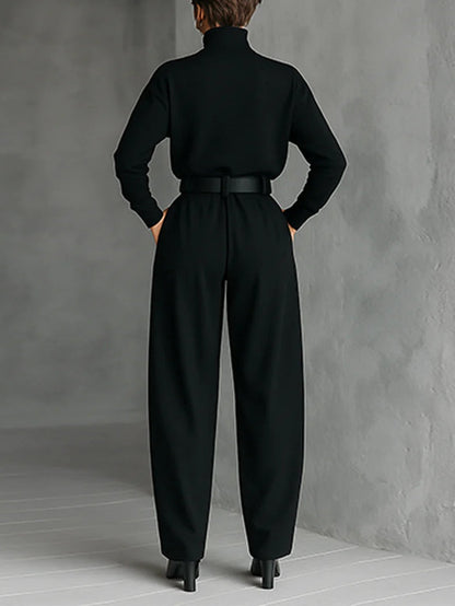 Damen-Jumpsuit mit hohem Kragen, langen Ärmeln und weitem Bein-Jumpsuits for women-Alpenkind