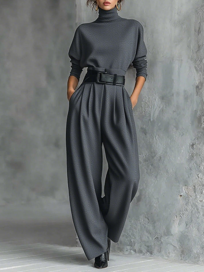 Damen-Jumpsuit mit hohem Kragen, langen Ärmeln und weitem Bein-Jumpsuits for women-Alpenkind