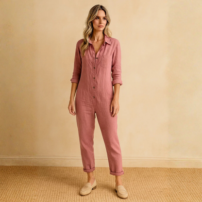 Damen Jumpsuit mit langen Ärmeln, Knopfleiste, Kragen und Brusttaschen-Jumpsuits for women-Alpenkind