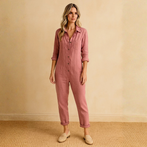 Damen Jumpsuit mit langen Ärmeln, Knopfleiste, Kragen und Brusttaschen-Jumpsuits for women-Alpenkind