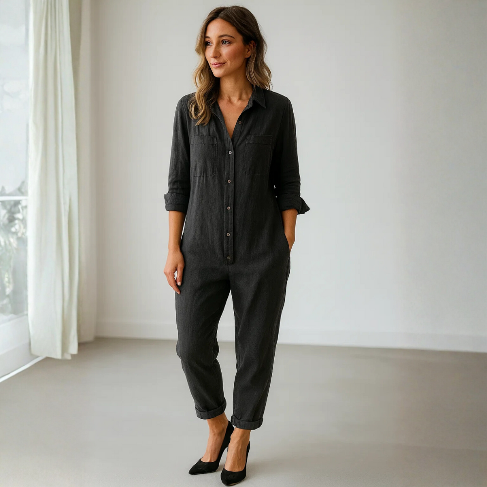Damen Jumpsuit mit langen Ärmeln, Knopfleiste, Kragen und Brusttaschen-Jumpsuits for women-Alpenkind