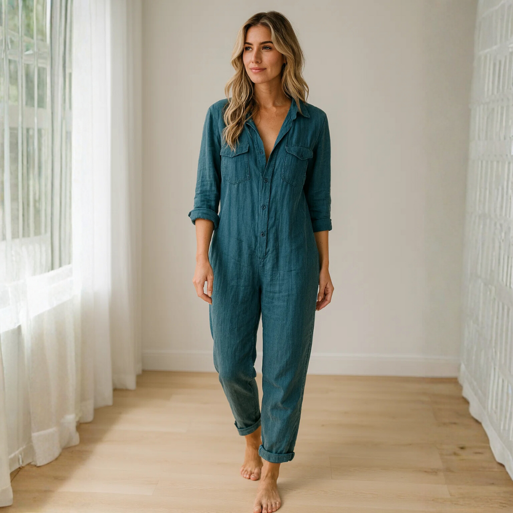 Damen Jumpsuit mit langen Ärmeln, Knopfleiste, Kragen und Brusttaschen-Jumpsuits for women-Alpenkind