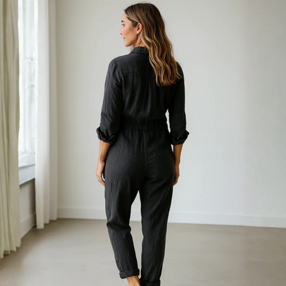 Damen Jumpsuit mit langen Ärmeln, Knopfleiste, Kragen und Brusttaschen-Jumpsuits for women-Alpenkind
