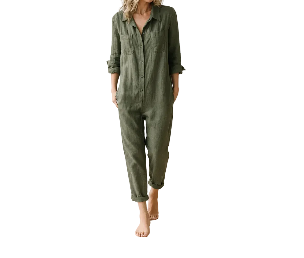 Damen Jumpsuit mit langen Ärmeln, Knopfleiste, Kragen und Brusttaschen-Jumpsuits for women-Alpenkind