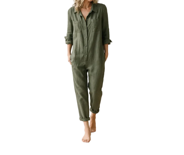 Damen Jumpsuit mit langen Ärmeln, Knopfleiste, Kragen und Brusttaschen-Jump suit-Alpenkind
