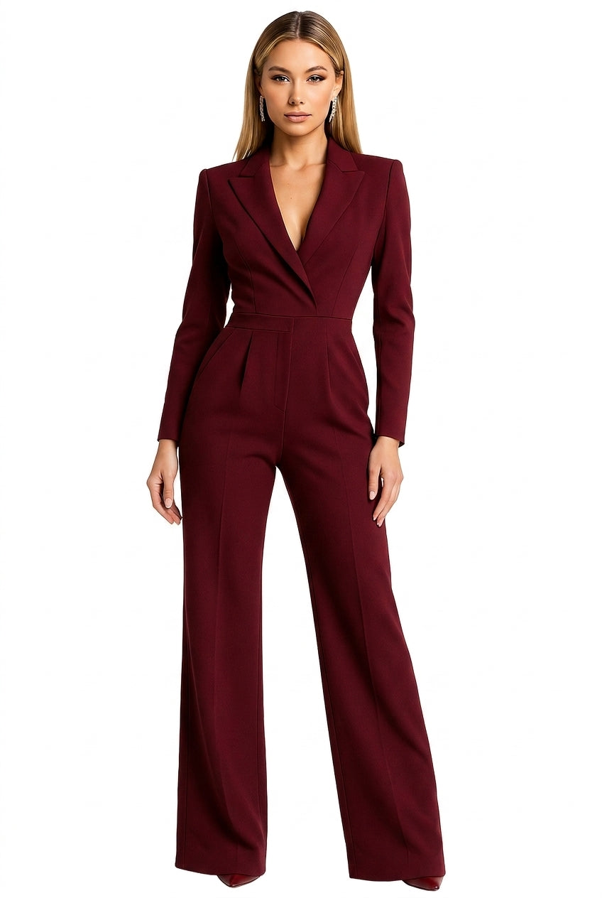Damen-Jumpsuit mit langen Ärmeln, Reverskragen und weitem Bein-Jumpsuits for women-Alpenkind