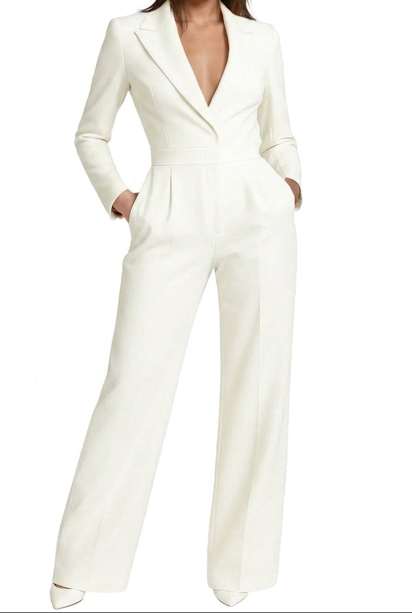 Damen-Jumpsuit mit langen Ärmeln, Reverskragen und weitem Bein-Jumpsuits for women-Alpenkind