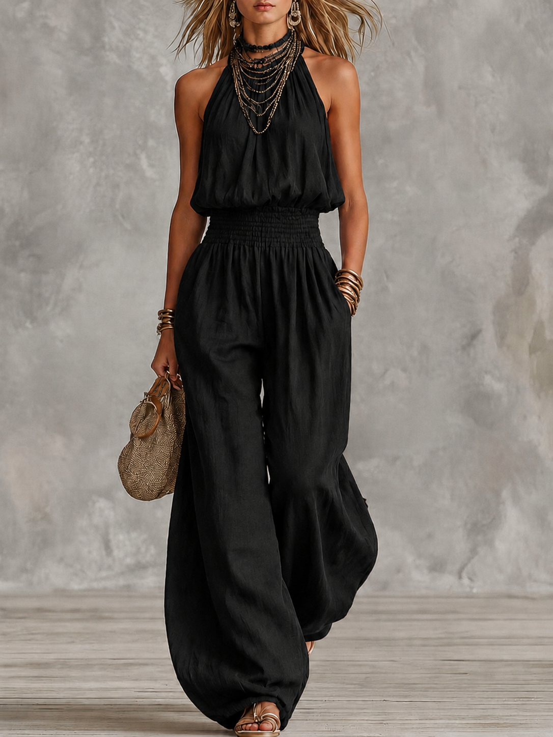 Damen-Jumpsuit mit Neckholder-Ausschnitt und gesmokter Taille-Jumpsuits for woman-Alpenkind