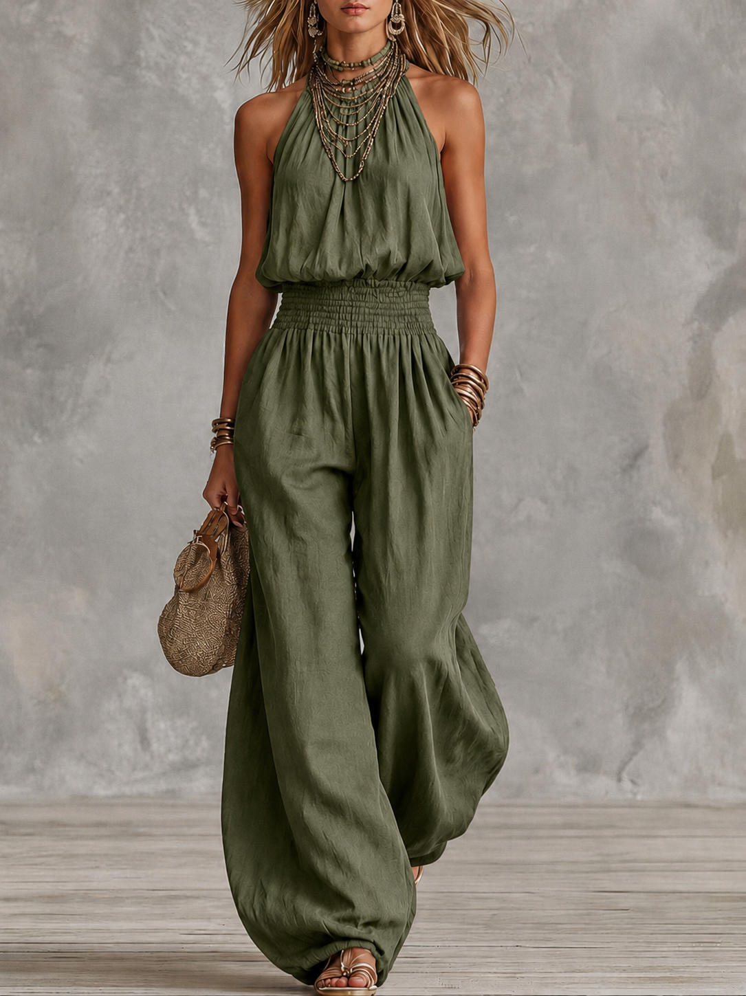 Damen-Jumpsuit mit Neckholder-Ausschnitt und gesmokter Taille-Jumpsuits for woman-Alpenkind