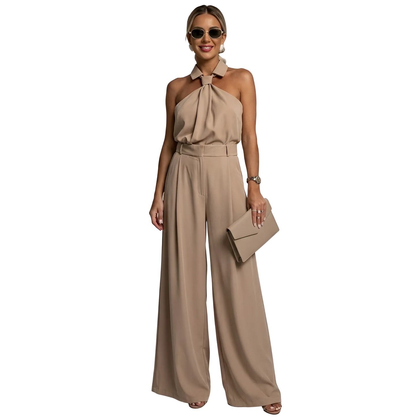 Damen-Jumpsuit mit Neckholder-Kragen, Knotendetail und weitem Bein-Jumpsuits for women-Alpenkind