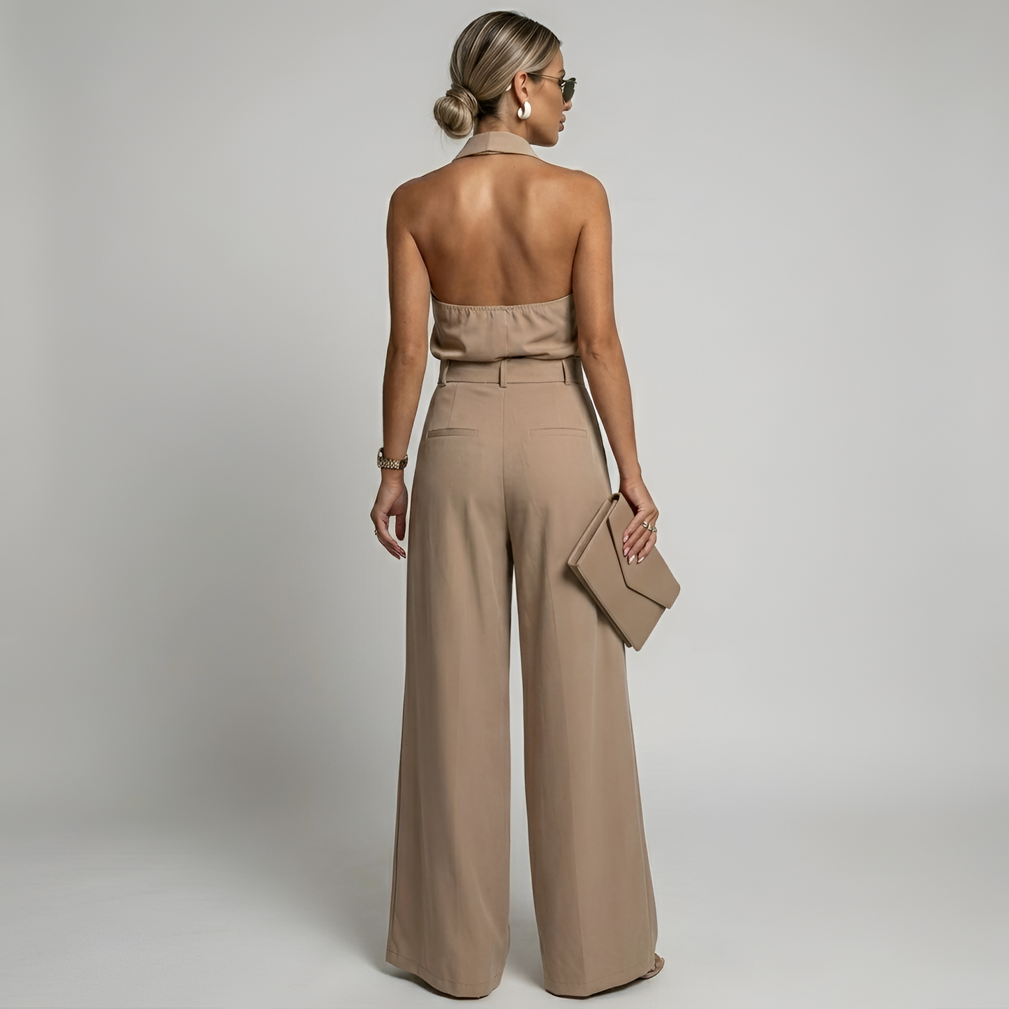 Damen-Jumpsuit mit Neckholder-Kragen, Knotendetail und weitem Bein-Jumpsuits for women-Alpenkind