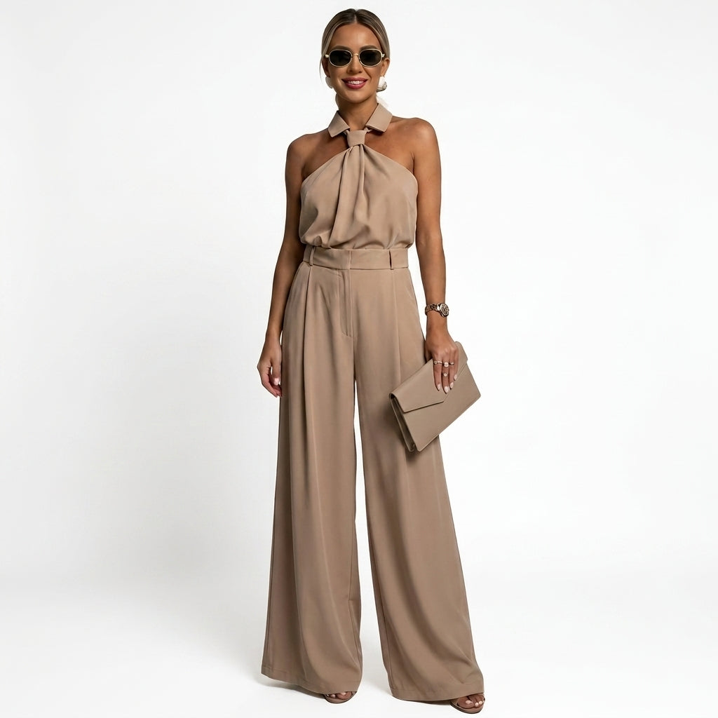 Damen-Jumpsuit mit Neckholder-Kragen, Knotendetail und weitem Bein-Jumpsuits for women-Alpenkind
