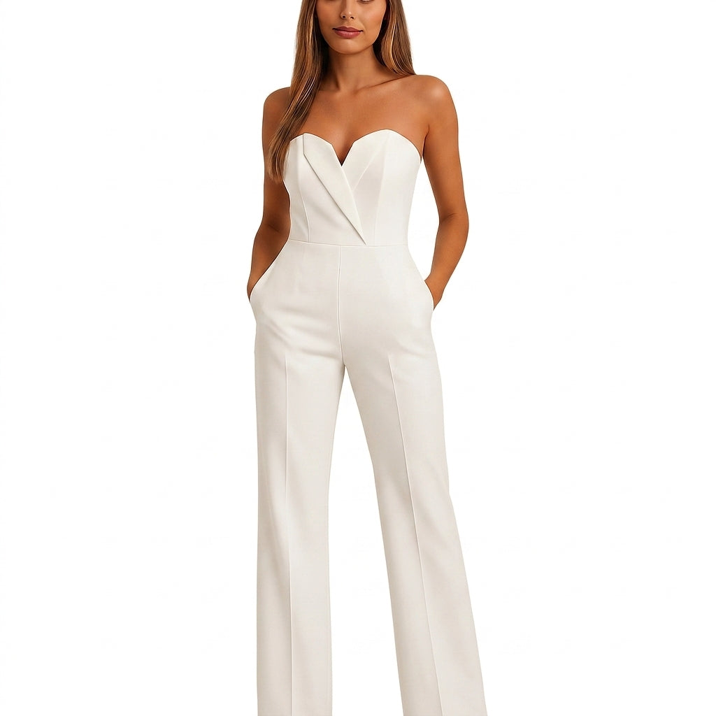Damen-Jumpsuit mit trägerlosem V-Ausschnitt und weitem Bein-Jumpsuits for women-Alpenkind