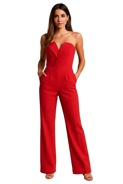 Damen-Jumpsuit mit trägerlosem V-Ausschnitt und weitem Bein-Jumpsuits for women-Alpenkind