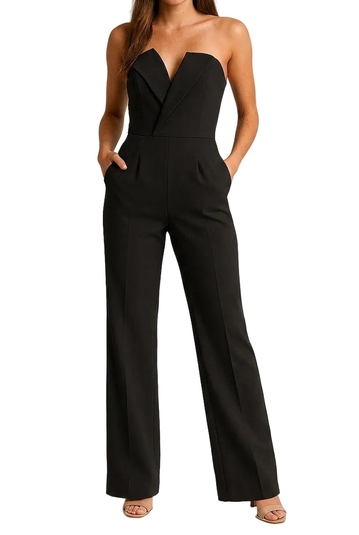 Damen-Jumpsuit mit trägerlosem V-Ausschnitt und weitem Bein-Jumpsuits for women-Alpenkind