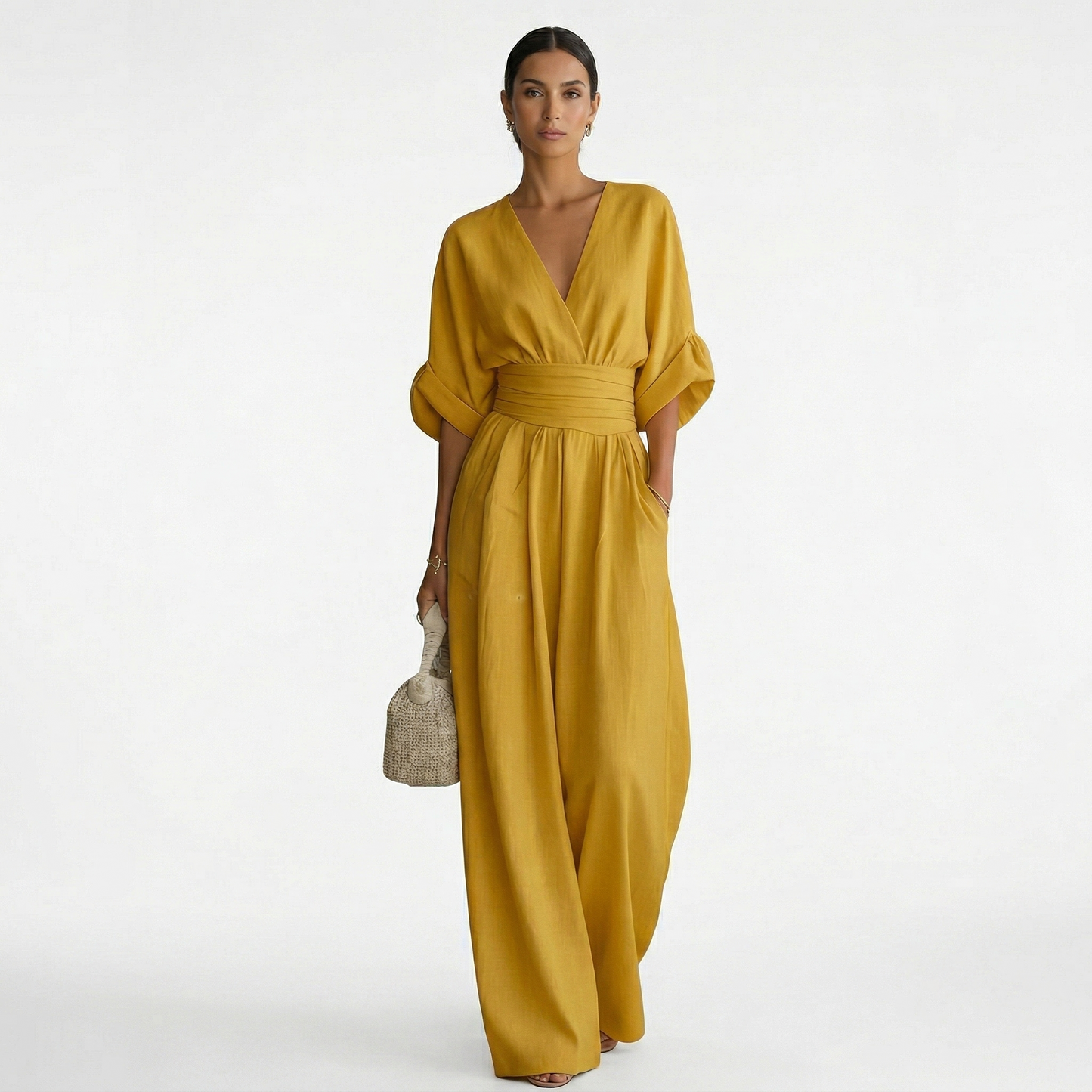 Damen-Jumpsuit mit V-Ausschnitt, weitem Bein und Taillenbund-Jumpsuits for women-Alpenkind