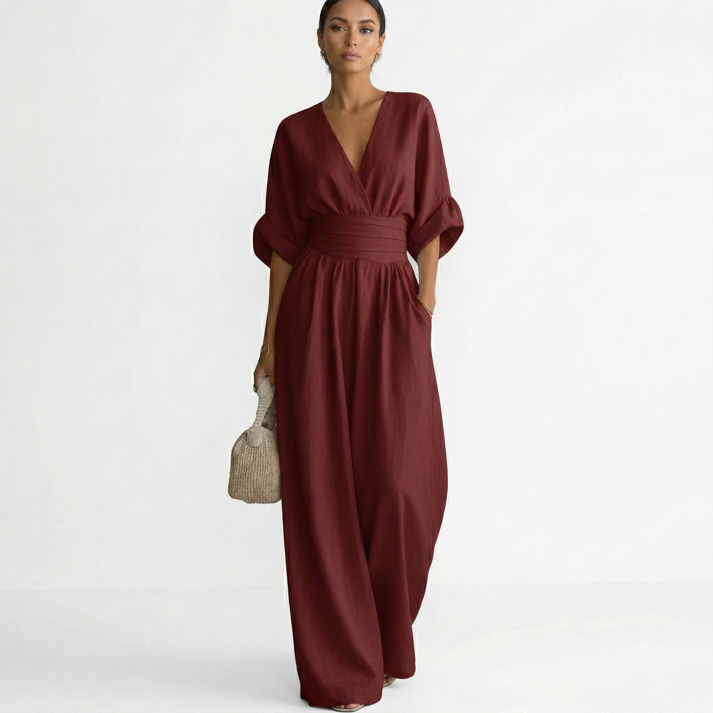 Damen-Jumpsuit mit V-Ausschnitt, weitem Bein und Taillenbund-Jumpsuits for women-Alpenkind