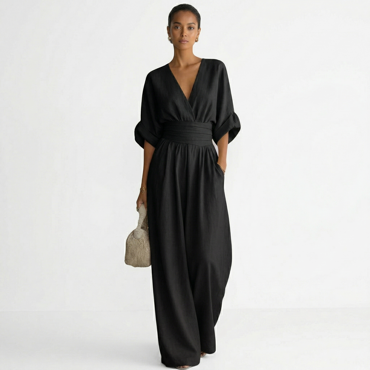 Damen-Jumpsuit mit V-Ausschnitt, weitem Bein und Taillenbund-Jumpsuits for women-Alpenkind