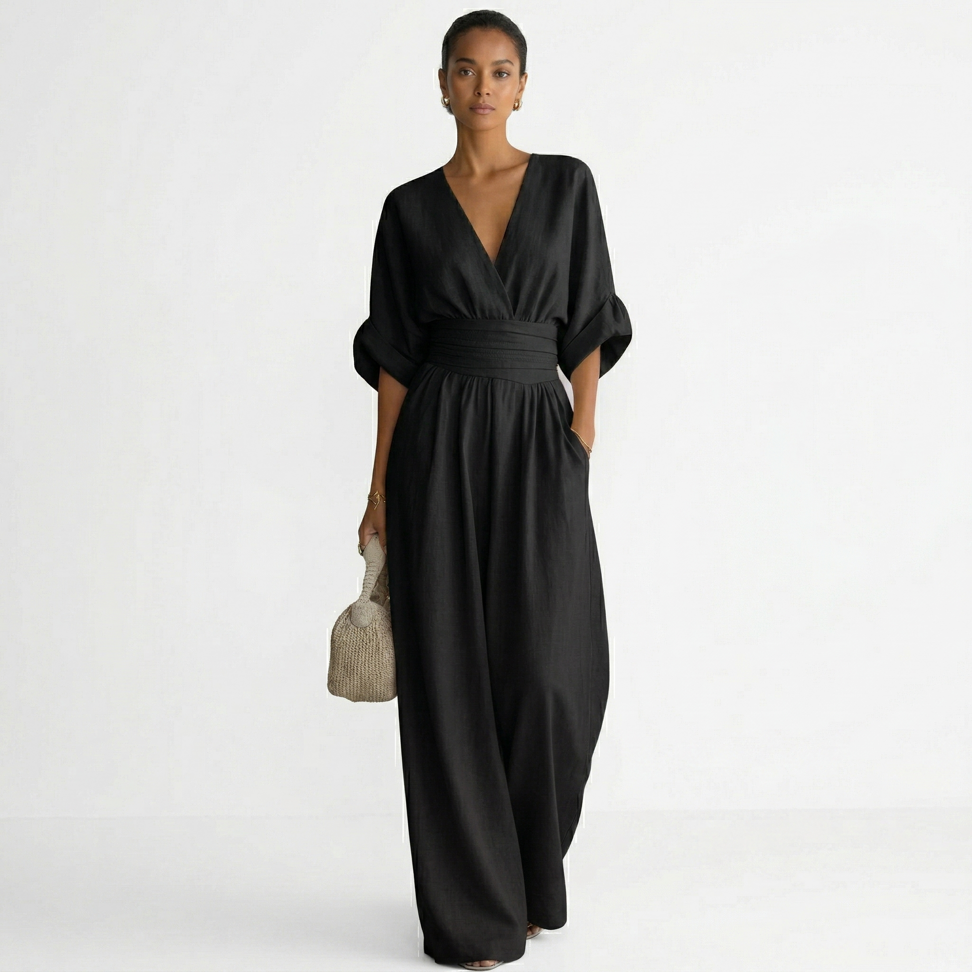 Damen-Jumpsuit mit V-Ausschnitt, weitem Bein und Taillenbund-Jumpsuits for women-Alpenkind