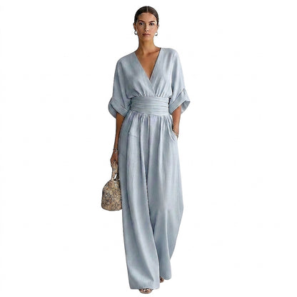 Damen-Jumpsuit mit V-Ausschnitt, weitem Bein und Taillenbund-Jumpsuits for women-Alpenkind