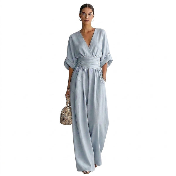 Damen-Jumpsuit mit V-Ausschnitt, weitem Bein und Taillenbund-Jumpsuits for women-Alpenkind