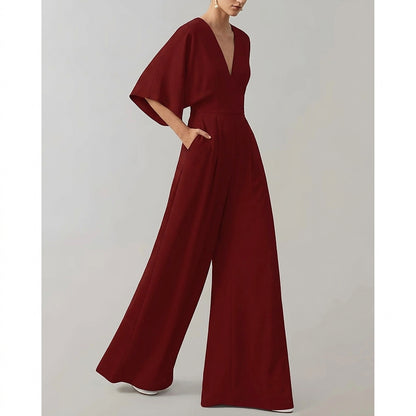 Damen-Jumpsuit mit weitem Bein und V-Ausschnitt-Jumpsuits for women-Alpenkind