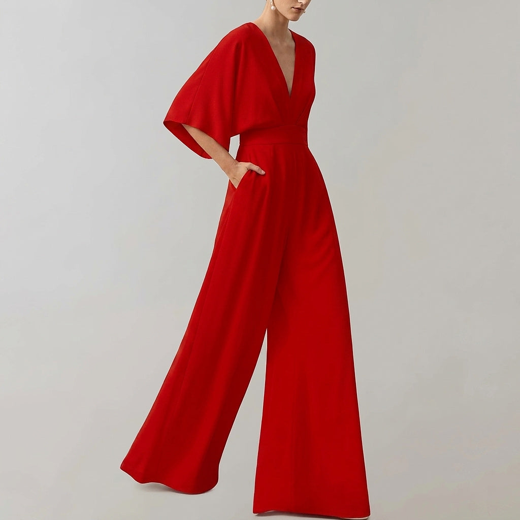 Damen-Jumpsuit mit weitem Bein und V-Ausschnitt-Jumpsuits for women-Alpenkind