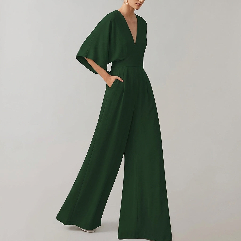 Damen-Jumpsuit mit weitem Bein und V-Ausschnitt-Jumpsuits for women-Alpenkind