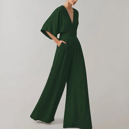 Damen-Jumpsuit mit weitem Bein und V-Ausschnitt-Jumpsuits for women-Alpenkind