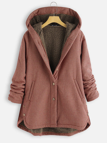 Damen Kapuzenjacke mit Knopfverschluss und Karomuster-Women Coats-Alpenkind