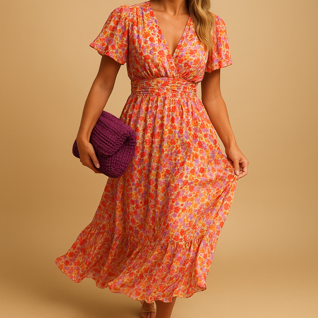 Damen Kleid mit kurzen Ärmeln, V-Ausschnitt und Blumenmuster mit Smokdetail-Maxi Dress-Alpenkind