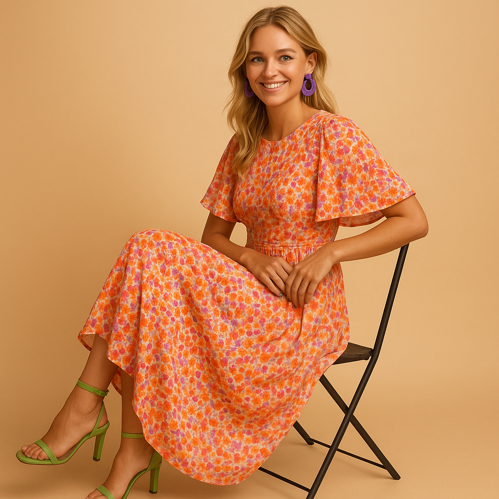 Damen Kleid mit kurzen Ärmeln, V-Ausschnitt und Blumenmuster mit Smokdetail-Maxi Dress-Alpenkind
