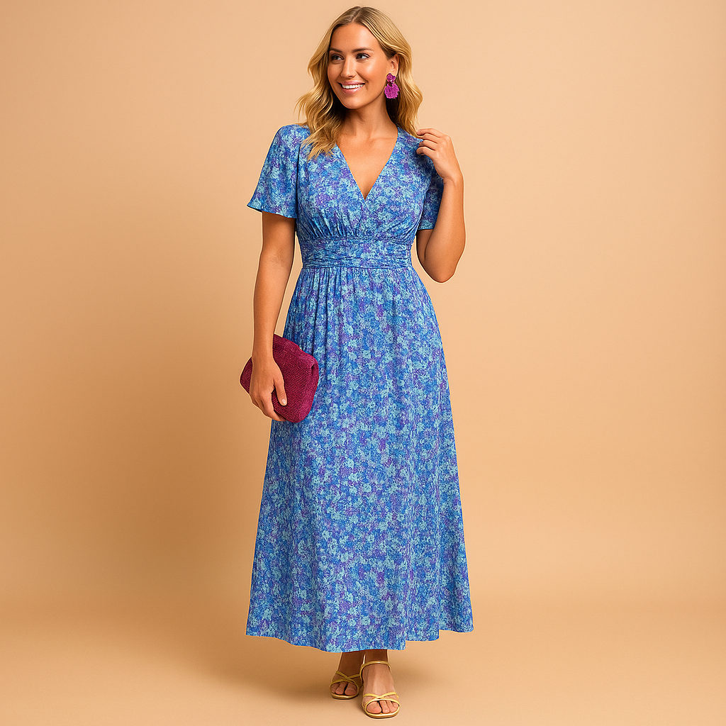 Damen Kleid mit kurzen Ärmeln, V-Ausschnitt und Blumenmuster mit Smokdetail-Maxi Dress-Alpenkind